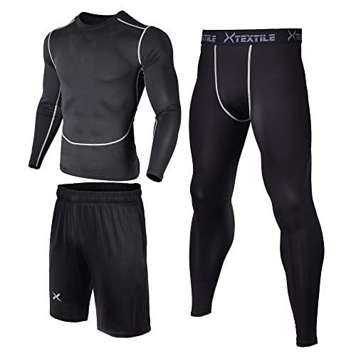 Loose Shorts for Running Xtextile Mens Compression Set Leggings Pants Workout Set with Long Sleeve Compression Shirt 